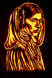 Princess Leia hand-carved on a foam pumpkin