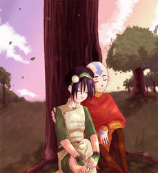 Aang and Toph sittin in a tree