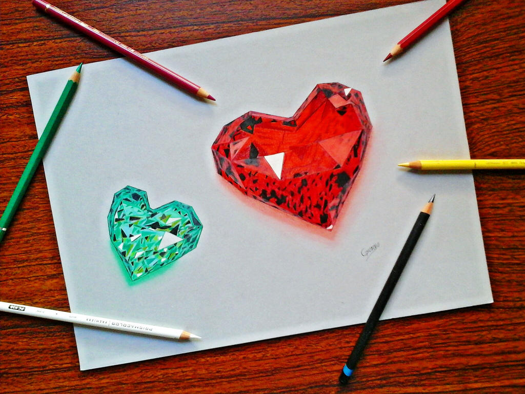 Drawing Ruby heart, Emerald heart 3D Art