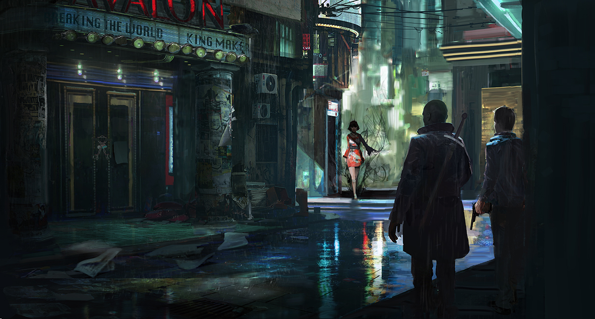 assassins , AI art, cyberpunk, city, neon, alleyway, city lights