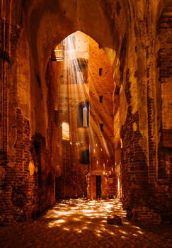 light installation in medieval cathedral ruins