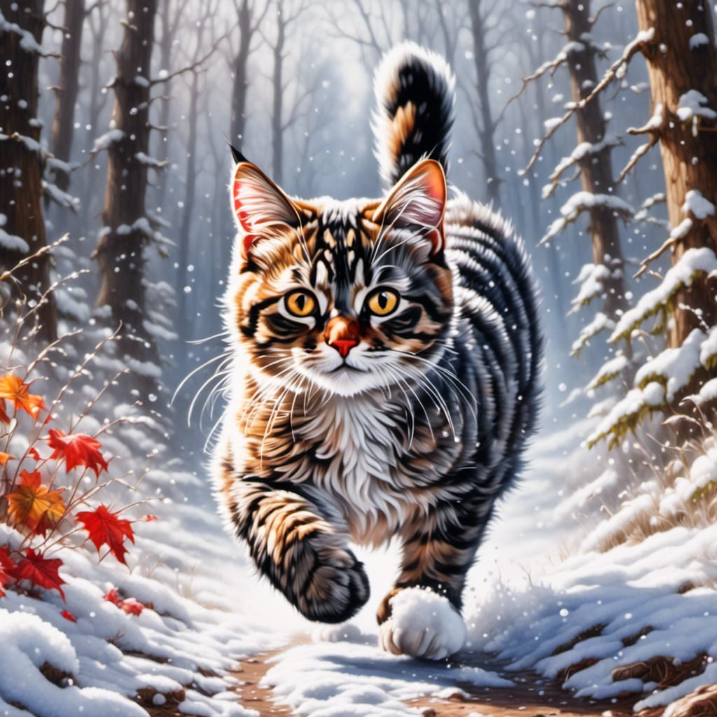A beautiful cat running through winter forest by MontrealDigital on ...