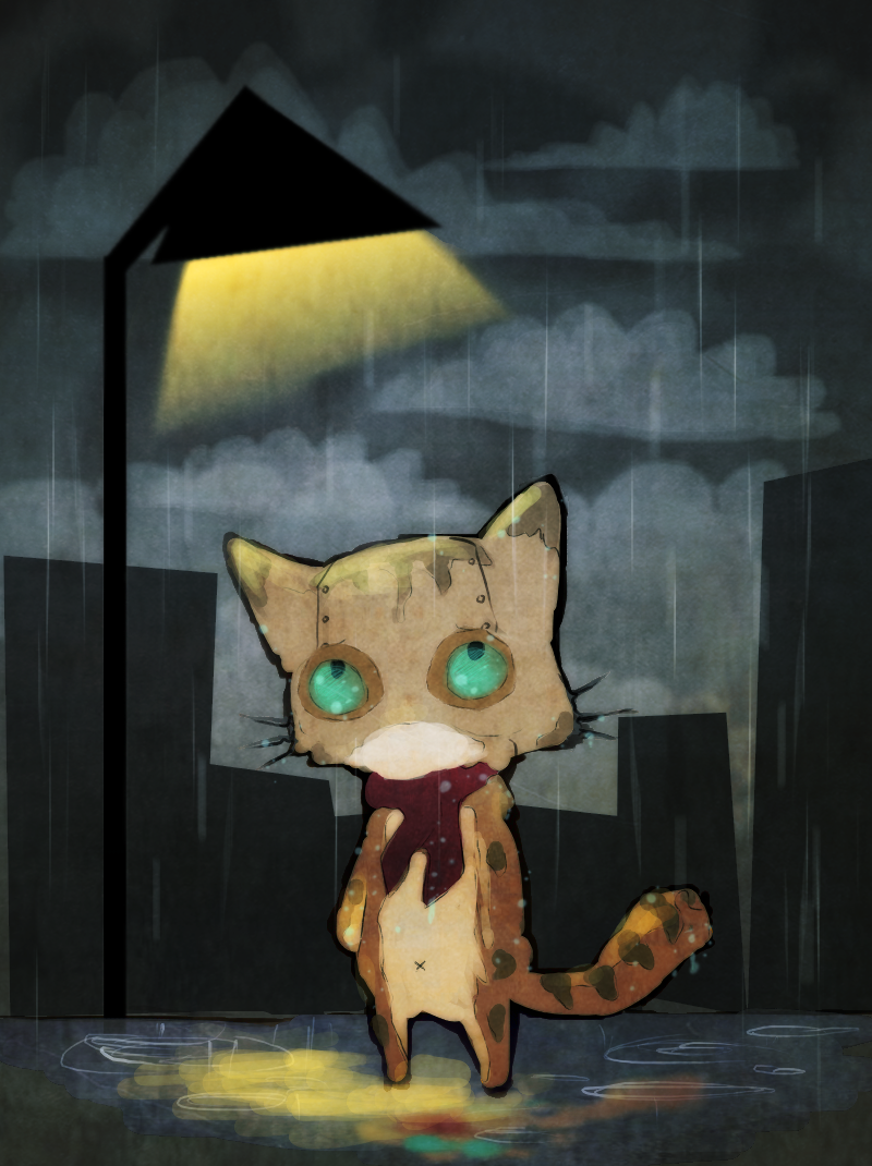 robot cat in the rain