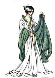 Woman in green and white