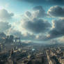 City in the cloudscape in the blue sky