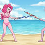 Pinkie Pie and Mina fighting with umbrellas