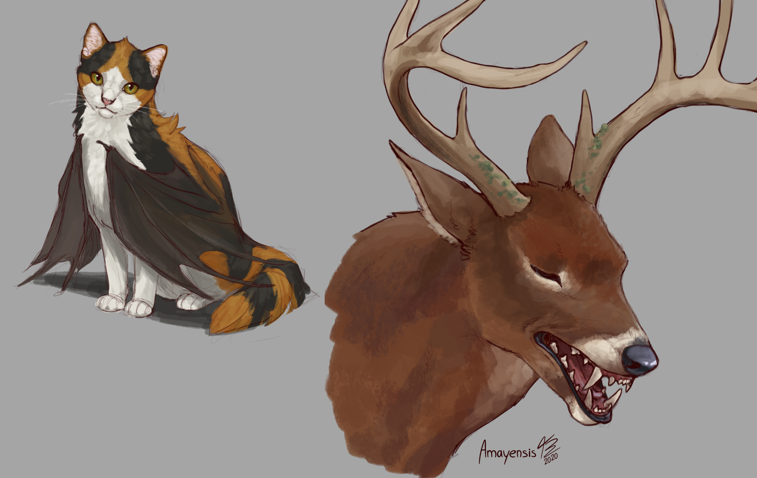 Cat-bat and carnivorous deer by Amayensis-Fireheart on DeviantArt