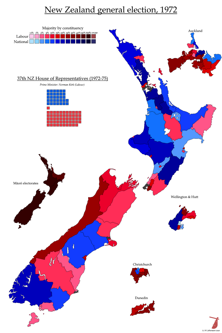 New Zealand General Election 1972 by AJRElectionMaps on DeviantArt