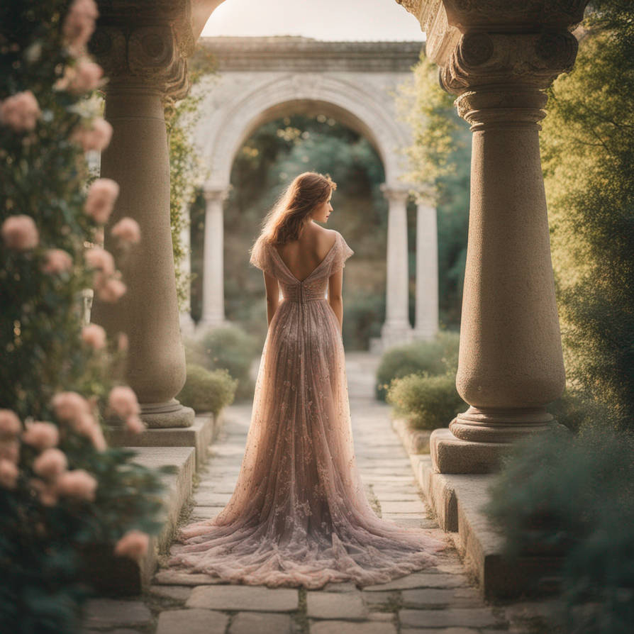 Woman in dress in dreamy ancient garden