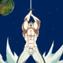 Muscled super swordsman Joseph G Newton in the sky