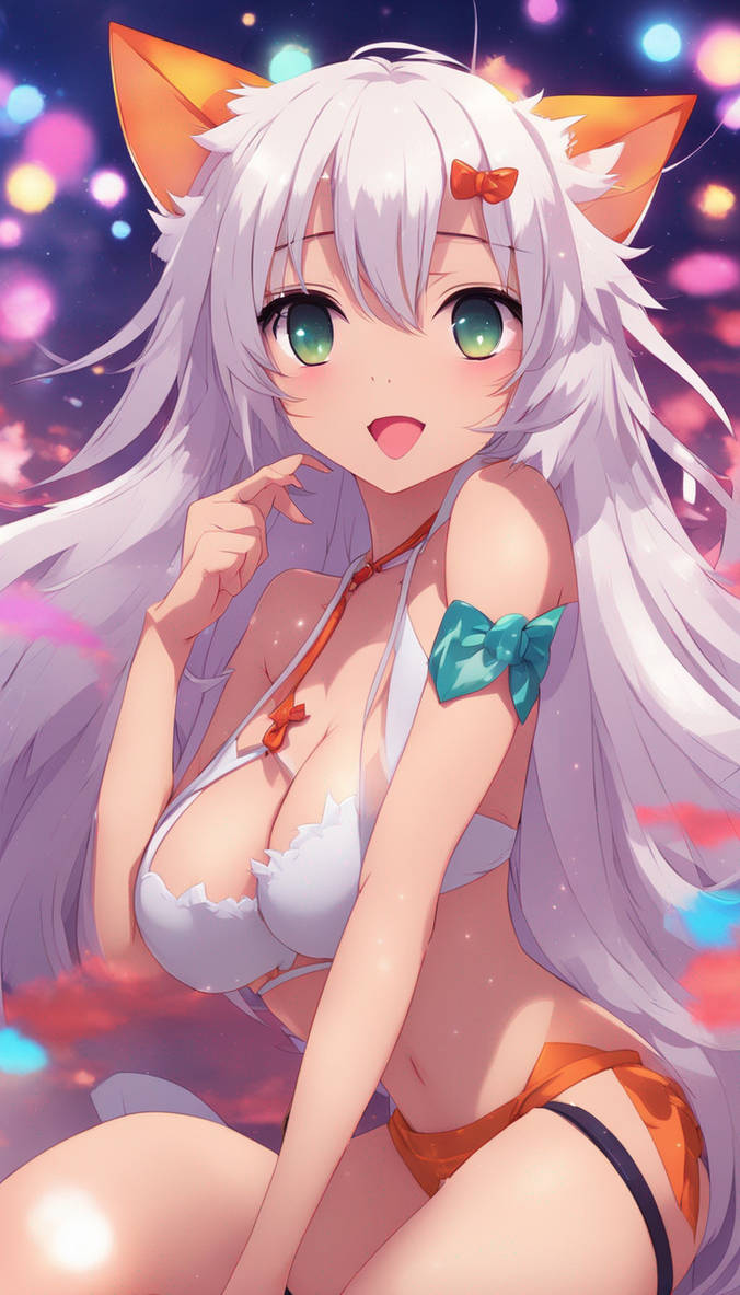 Sexy Bikini Anime Girl With White Hair And Cat Ear