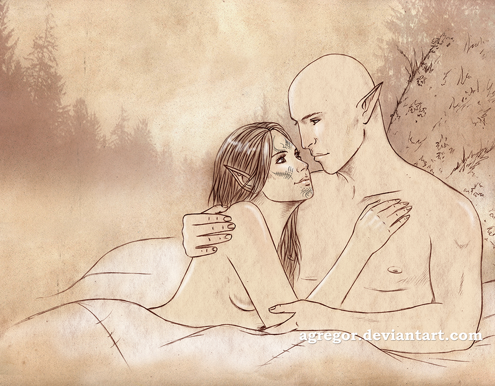 Saya Lavellan and Solas sketch comm