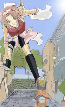 Giantess Sakura in the village