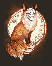 Japanese fox kitsune with three tails and mask