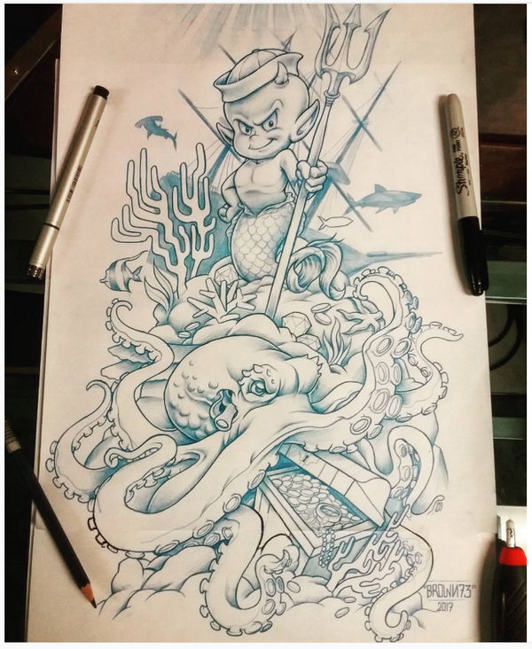 HOT STUFF MERMAN KING OF THE SEA TATTOO CONCEPT