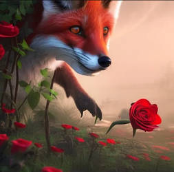 Nightcafe - A fox smelling red roses