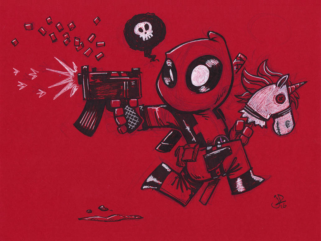 Chibi Hobby Horse Unicorn Deadpool Uzi by joelduggan