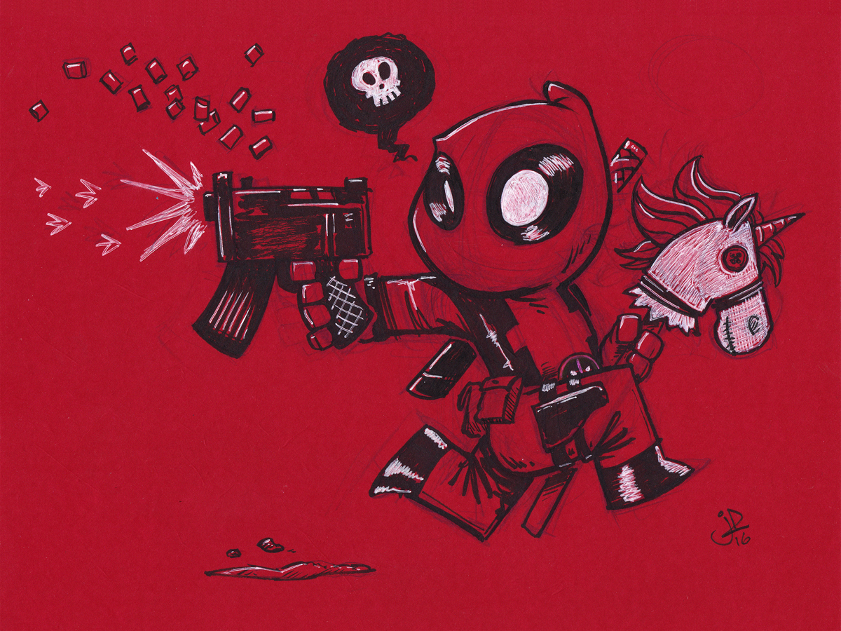 Chibi Hobby Horse Unicorn Deadpool Uzi by joelduggan