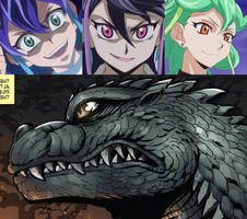 Godzilla faces Celina, Lulu, and Rin