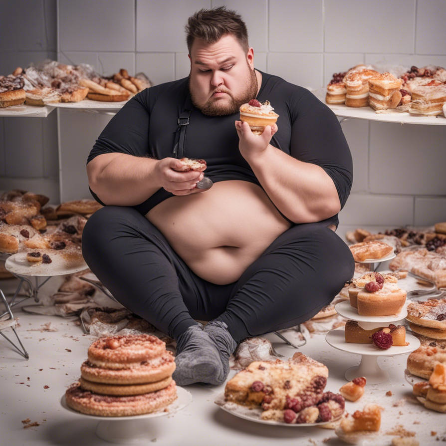 Young male eating cake with a massive belly and ti