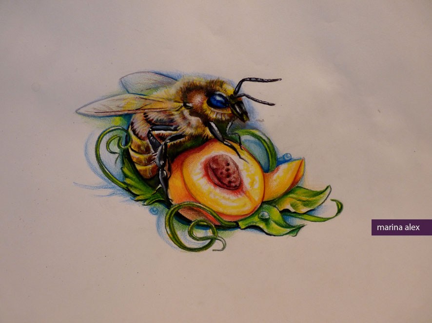 Bee and peach tattoo design