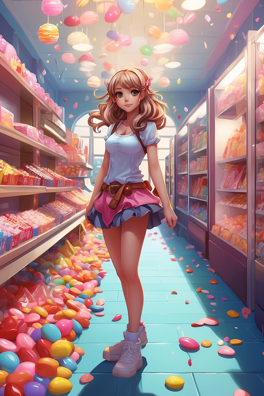 Fun Harajuku Anime Girl Portrait in Candy Shop | Poster