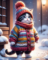 Adorable Kitten in a Cozy Knitted Sweater and Hat
