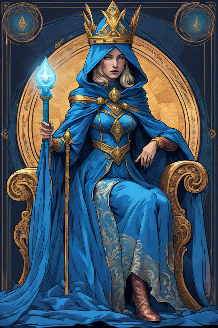 The Empress Major Arcana in blue hooded dress hold by ...
