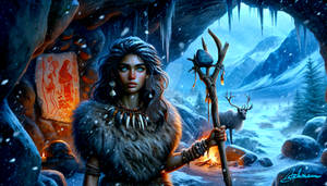 Paleolithic Girl and Reindeer in Snowstorm 0061
