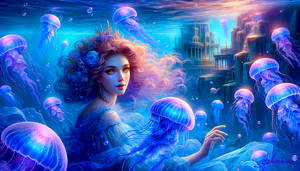 Beauty and Jellyfishes in Fantasy Seascape 0452