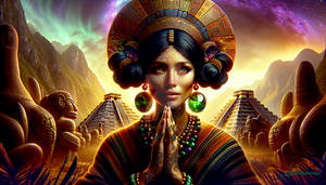 Maya Priestress in Aurora Borealis Landscape 0236