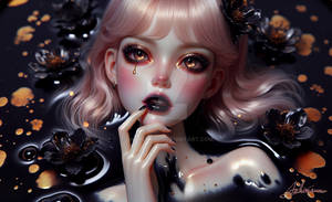 Girl Beauty and flowers emerging from Ink Bath 205