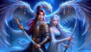 Asian Swordman and Archerer with Dragon in Fantasy