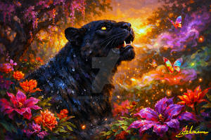 Magical Sun Rays Roaring Cutie Panther in Oilpaint