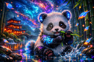 Fantasy Cutie Panda Cub chewing Bamboo in River 68