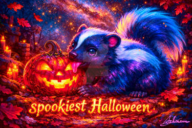 Halloween Cutie - Skunk licking Spooky Pumpkin on Leaves in Milky Way Forest with 'Happy Halloween'