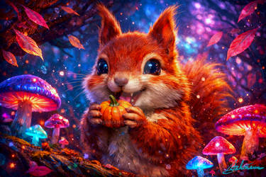 Halloween Cutie - Adorable red Squirrel holding happily tiny Pumpkin 9068