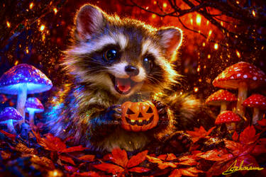 Halloween Cutie - Happy Raccoon discovering Tiny Spooky Pumpkin 9038
