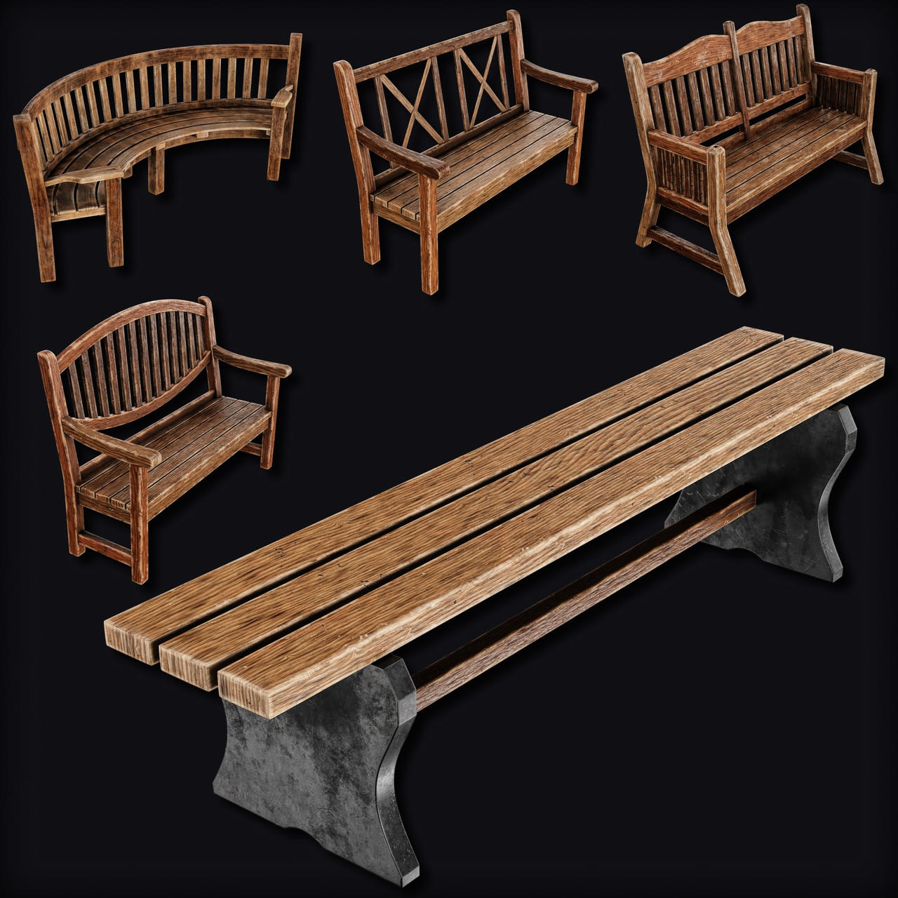 5 Wooden Bench | Game Ready-VOL01