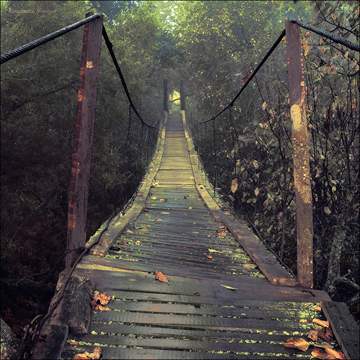 Мост в никуда. Канатный мост. Деревянный мост в тумане. Мост через пропасть.