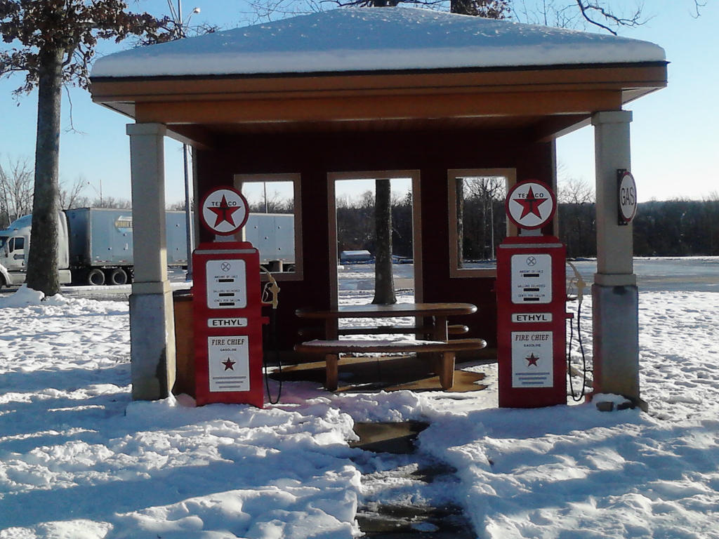 Picnic table gas station.