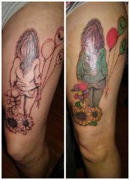 Girl With Sunflowers and Alien Balloons Tattoo