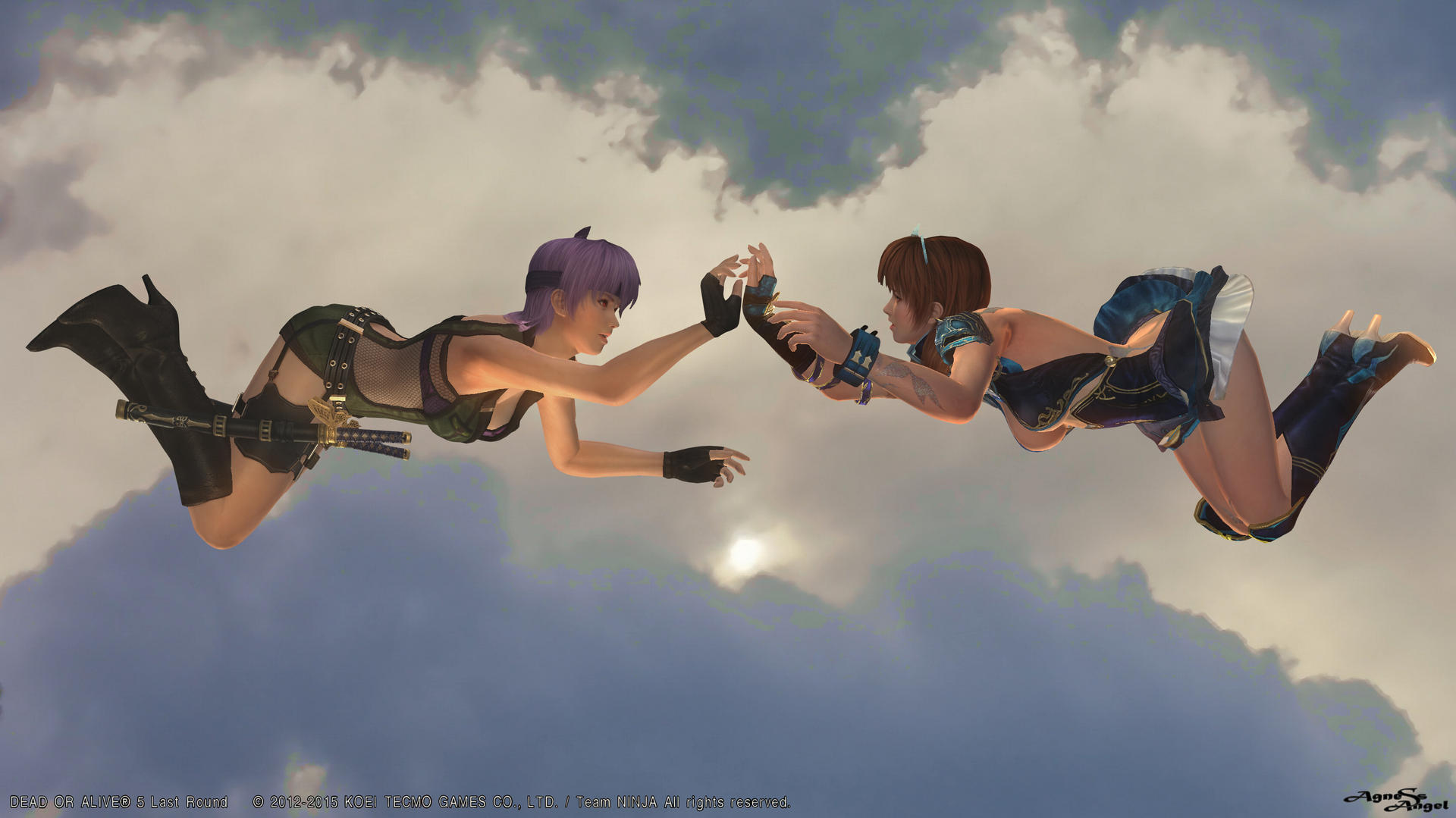 Ayane and Kasumi flying in the sky