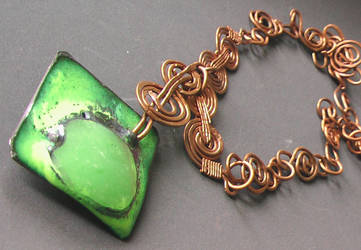 Green Enamel Square-shaped Pendant on Red-Copper