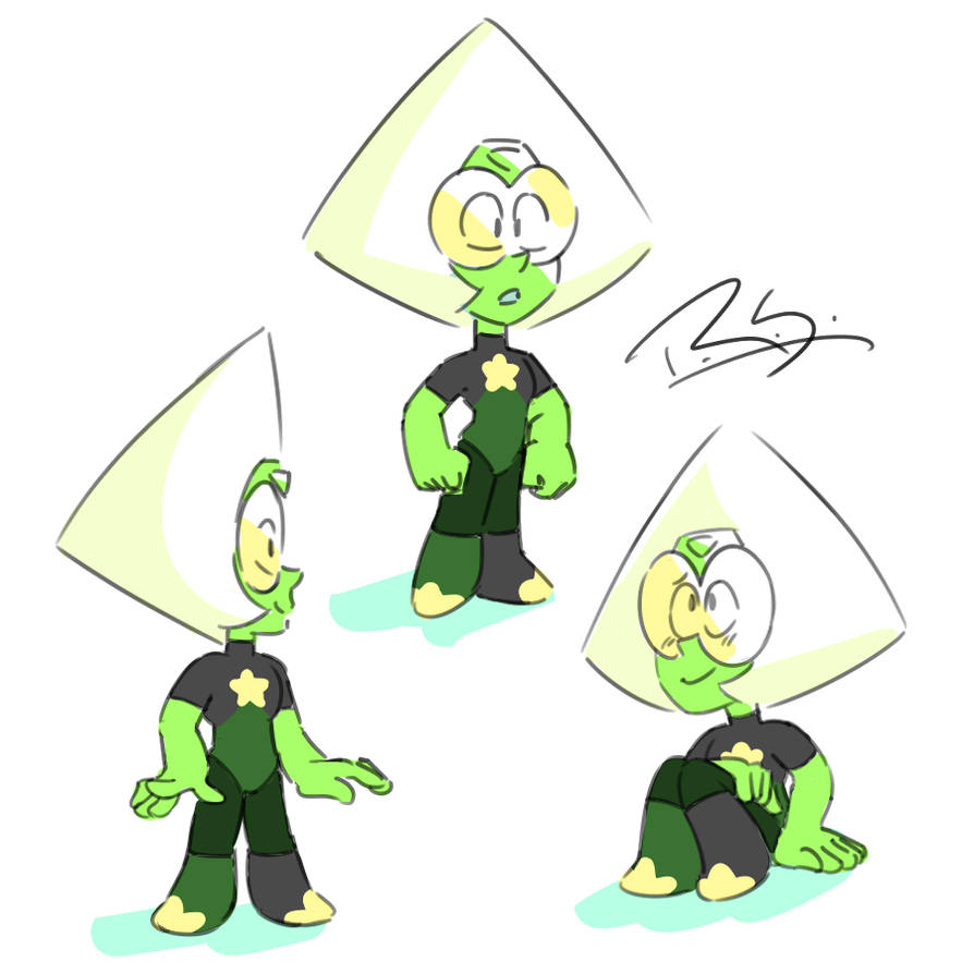I've been drawing doodles of how I imagine the gems in the future. I like the idea of Peridot having round rimmed glasses, as a nod to all the human Peridot fan art, and her having mismatching sock...