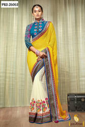 Turquoise Yellow and Off White Georgette Wedding