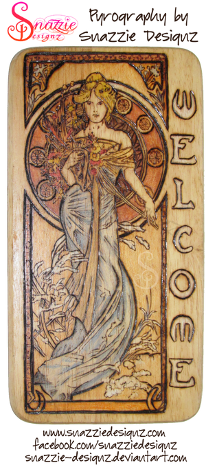 Mucha Welcome Sign Woodburn Pyrography