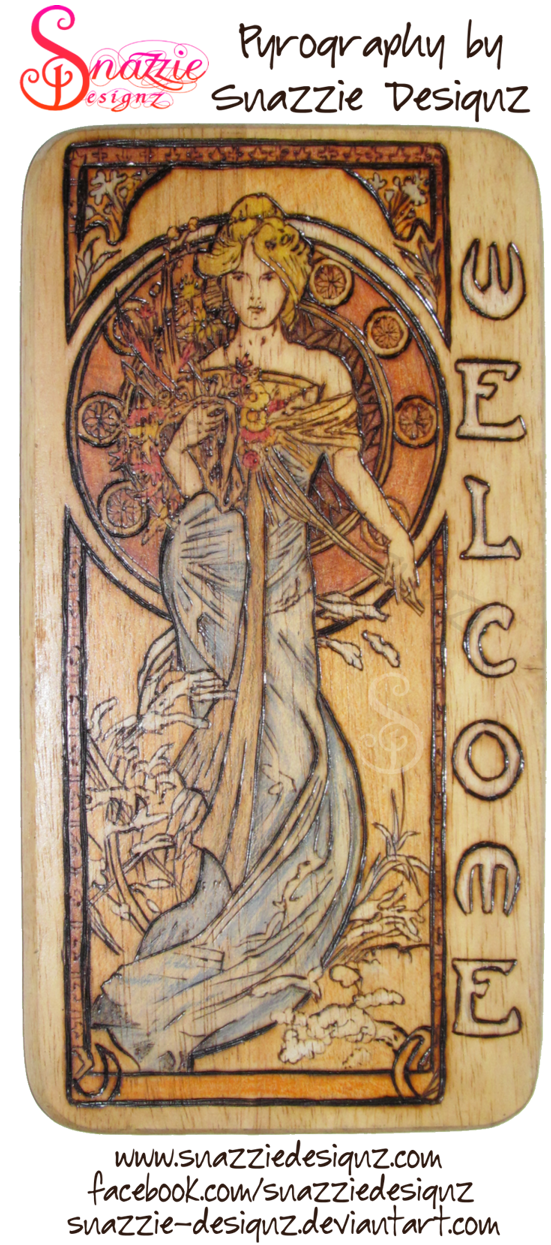 Mucha Welcome Sign Woodburn Pyrography