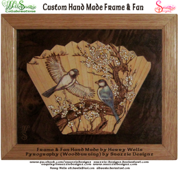 Hand made frame and fan and pyrograph by snazzie-designz