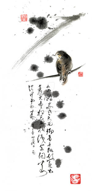 Bird and calligraphy poem art sumi-e ink painting by MariuszSzmerdt